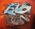 Blue Reflection - abstract graffiti painting with icy blue lettering and reflection