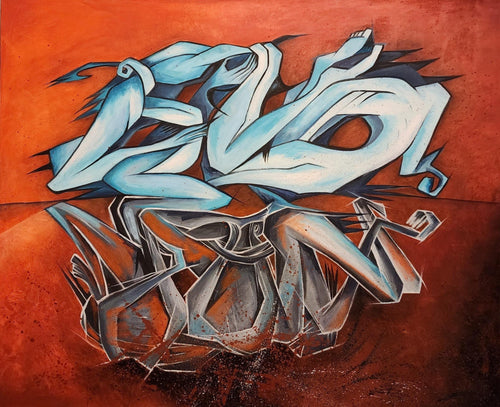 Blue Reflection - abstract graffiti painting with icy blue lettering and reflection